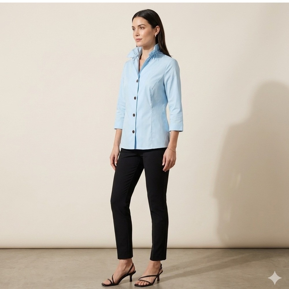 Ming‎ Wang Ruffled Stand Collar Blouse Blue Stretch Button Front Quiet Luxury XS